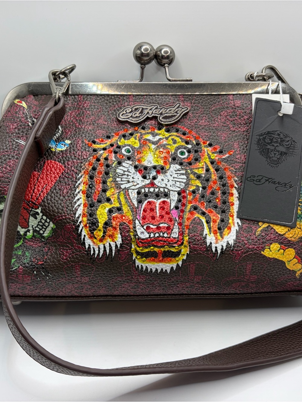 Ed Hardy Burgundy and Multicolor Tiger Kiss-Lock Shoulder Bag